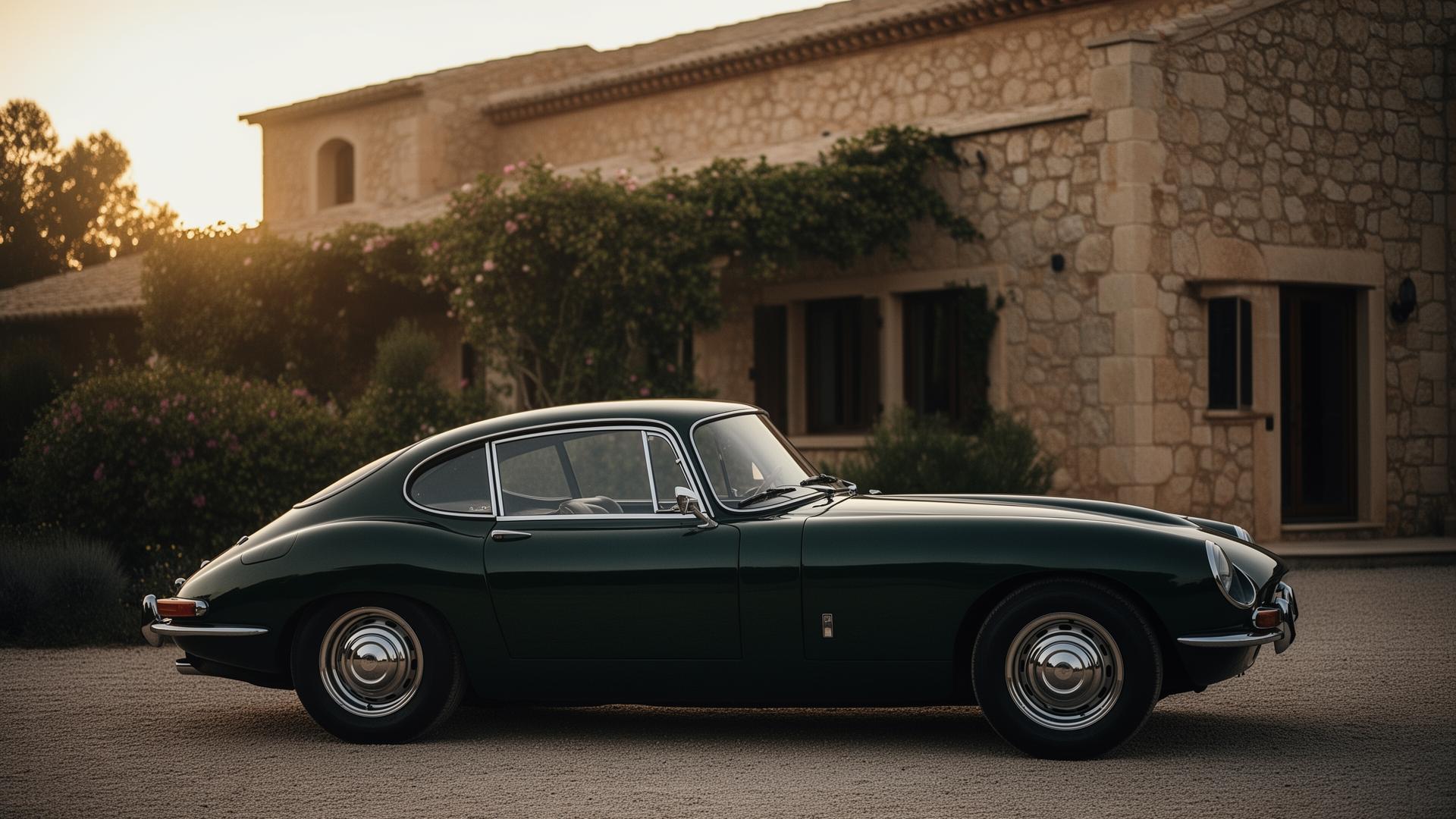 Coche clásico verde británico aparcado frente a una villa mediterránea